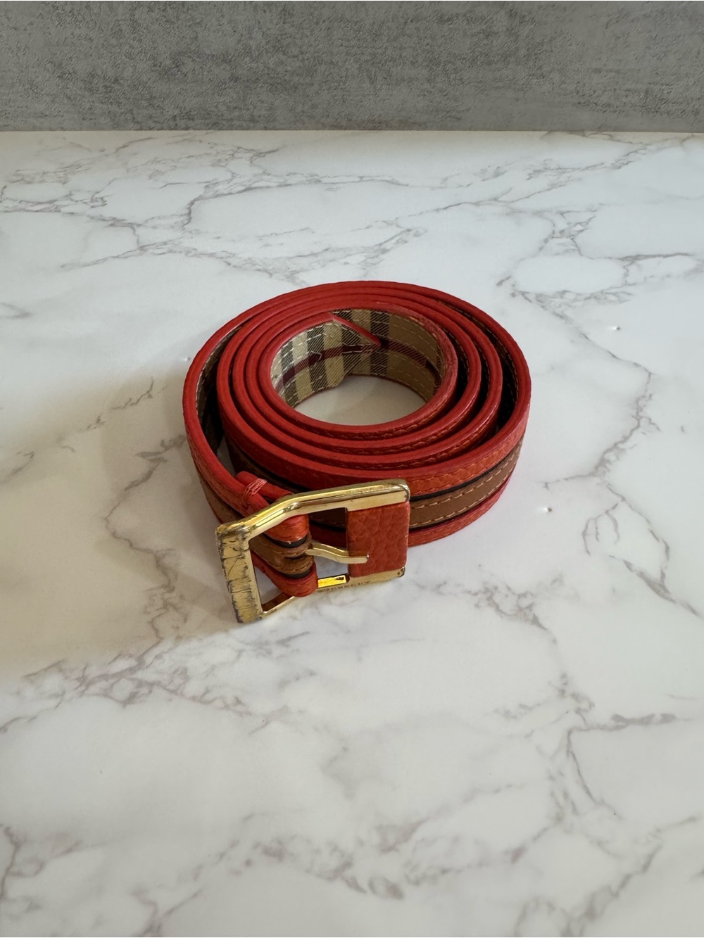 Burberry Red Leather Belt with Gold Buckle and Signature Check Lining
